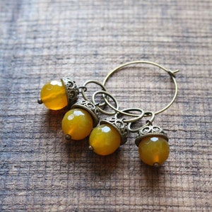 May include: A set of four amber glass stitch markers with ornate gold metal accents. The markers are attached to a gold metal ring.