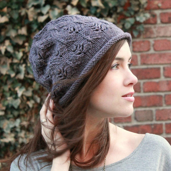 Slouchy Lace Leaf Hat Pattern • Plum Tree Slouch Knitting Pattern PDF • Intermediate Knit Pattern