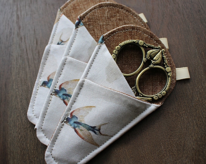 Swallow In Flight Scissor Sleeve • Handsewn Case for Embroidery Scissors with Magnet and Pocket • Handmade Bird Themed Quilting Gift