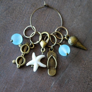 Beach Day Stitch Markers • Summer Inspired Knitting Accessory • Handmade Ocean Themed Knitting Gift With Sea Glass, Sunglasses, And Sandals