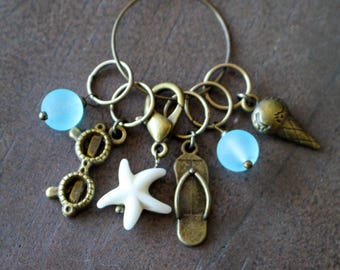 Beach Day Stitch Markers • Summer Inspired Knitting Accessory • Handmade Ocean Themed Knitting Gift With Sea Glass, Sunglasses, And Sandals