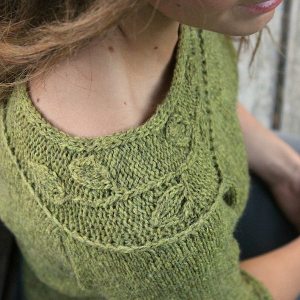 Leaf Neckline Raglan Pullover Knitting Pattern • Sprig Knitting Pattern PDF • Intermediate Knit Pattern