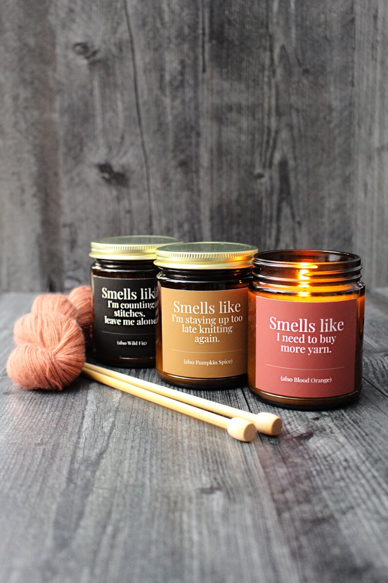 Pumpkin Spice Candle For Knitters • 9 oz or 4 oz Amber Glass Jar • Funny Gift Idea For Knitters