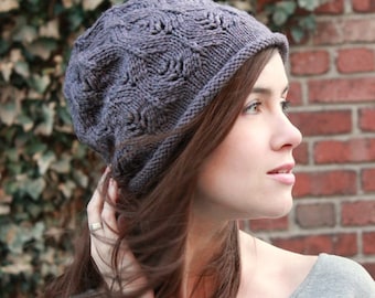 Slouchy Lace Leaf Hat Pattern • Plum Tree Slouch Knitting Pattern PDF • Intermediate Knit Pattern