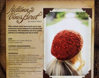 Beret Knitting Pattern • Autumn Vines Beret Printed Knitting Pattern • Knitting Pattern Gift