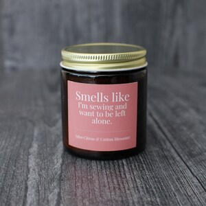 Citrus & Cotton Blossom Candle For Sewing • 9 oz or 4 oz Amber Glass Jar • Funny Introvert Gift Idea
