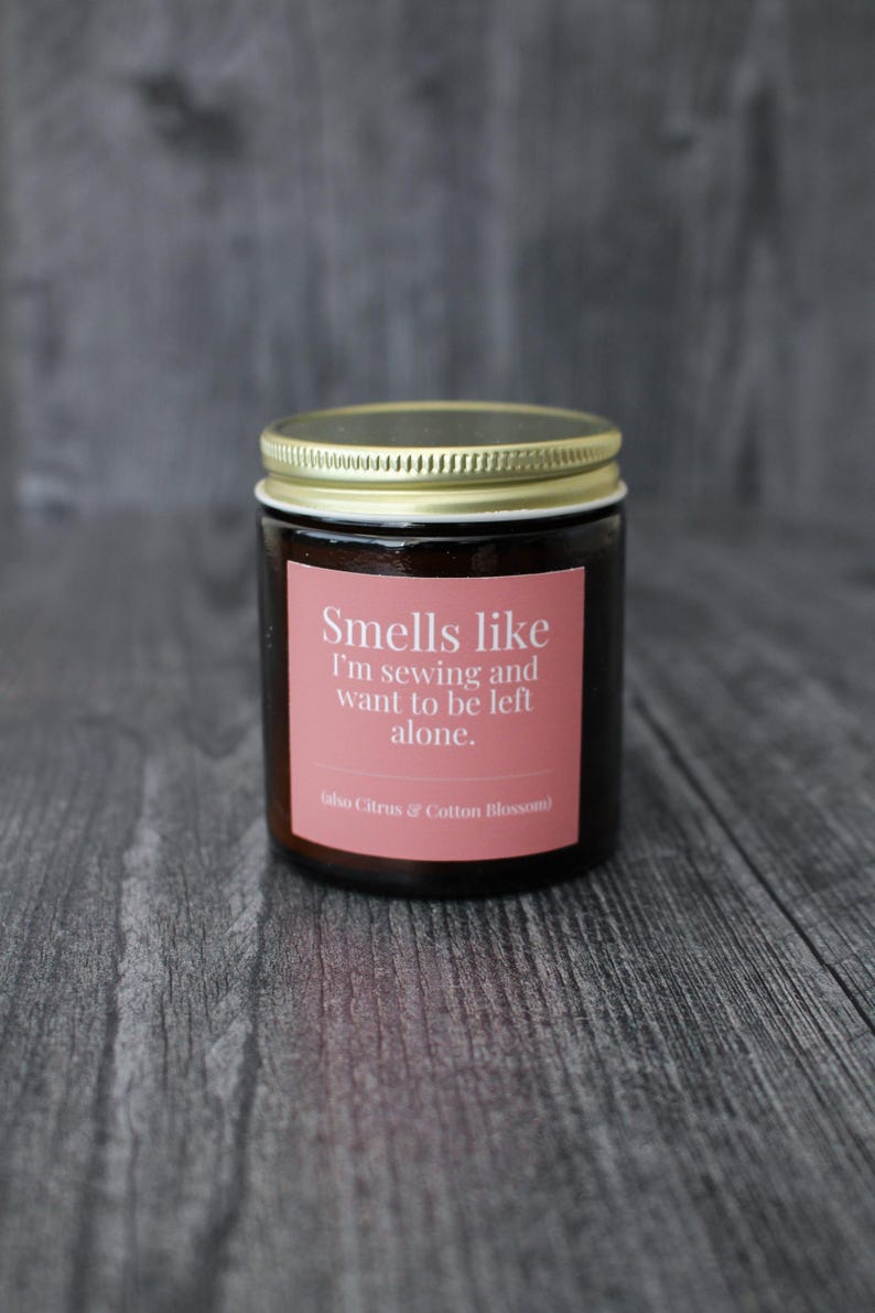 Citrus & Cotton Blossom Candle For Sewing • 9 oz or 4 oz Amber Glass Jar • Funny Introvert Gift Idea