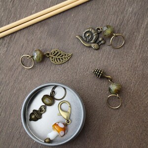 Forest Floor Stitch Marker Set for Knitting • Snail, Pinecone, Toadstool, Leaf Acorn Stitch Markers • Woodland Knitting Gift Idea image 4