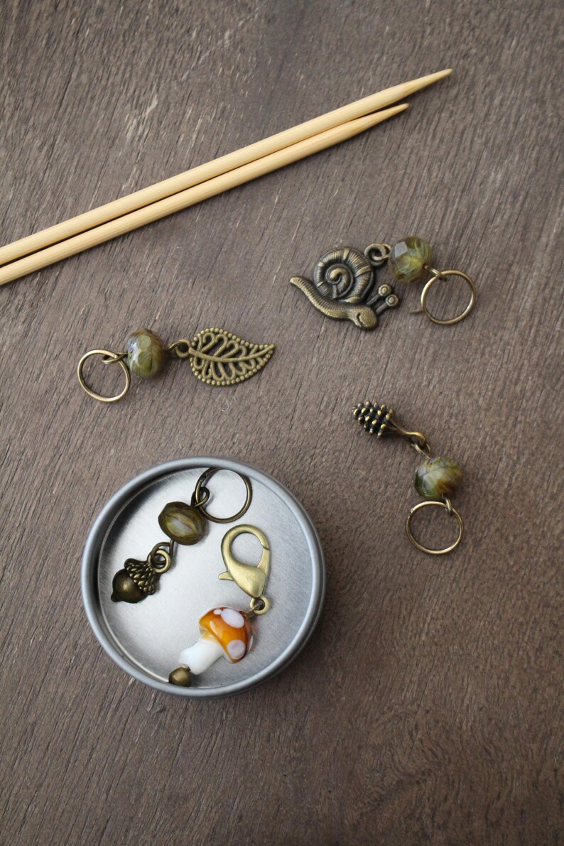 Forest Floor Stitch Marker Set for Knitting • Snail, Pinecone, Toadstool, Leaf Acorn Stitch Markers • Woodland Knitting Gift Idea image 4