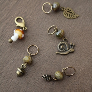 Forest Floor Stitch Marker Set for Knitting • Snail, Pinecone, Toadstool, Leaf Acorn Stitch Markers • Woodland Knitting Gift Idea image 3