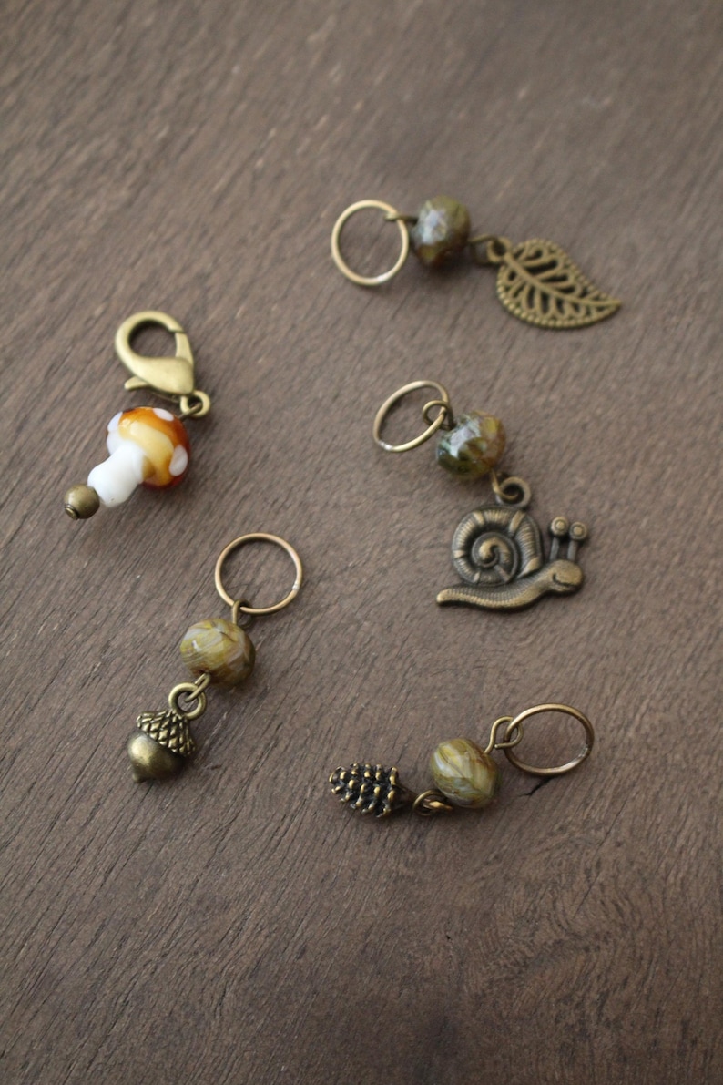 Forest Floor Stitch Marker Set for Knitting • Snail, Pinecone, Toadstool, Leaf Acorn Stitch Markers • Woodland Knitting Gift Idea image 3