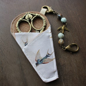 Swallow In Flight Scissor Sleeve • Handsewn Case for Embroidery Scissors with Magnet and Pocket • Handmade Bird Quilting Gift or Gift for Gr