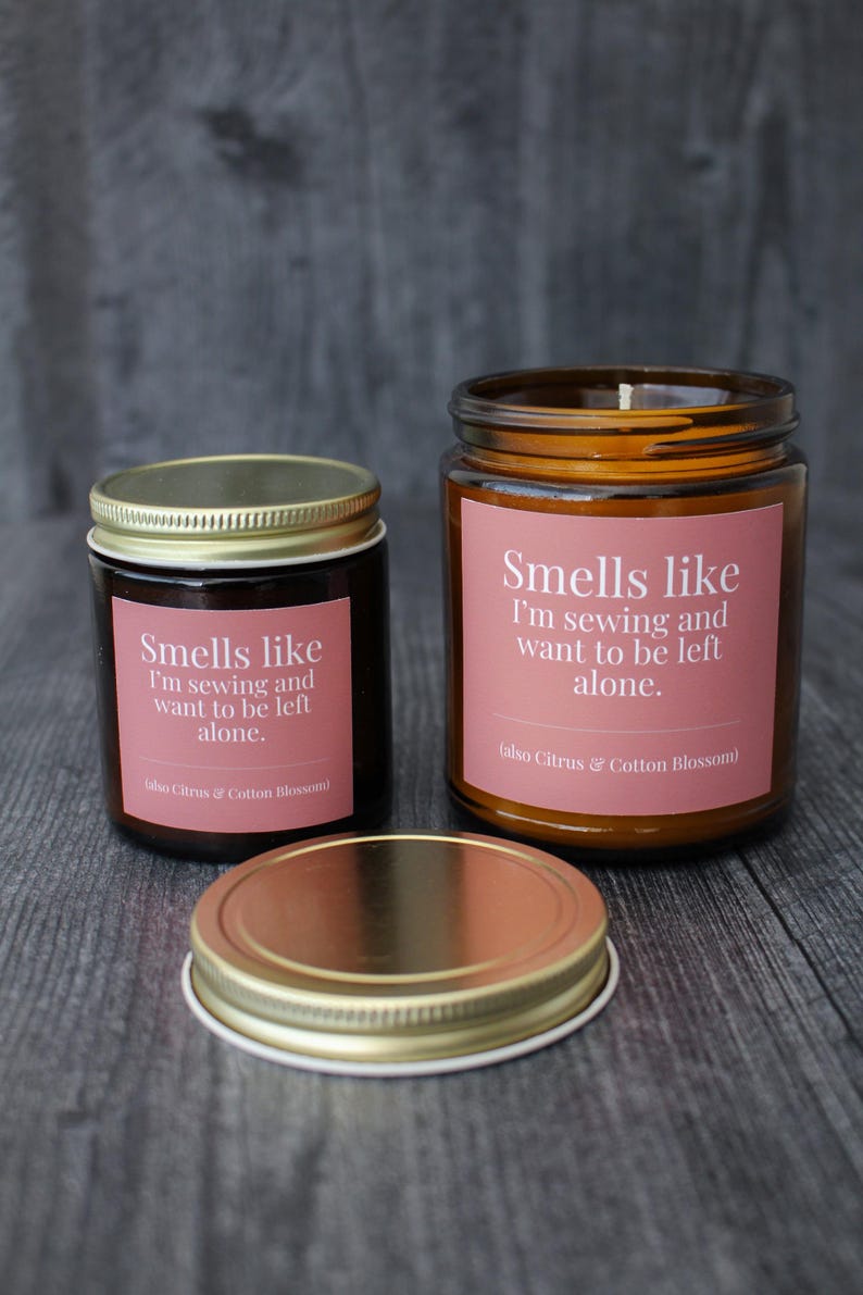 Citrus & Cotton Blossom Candle For Sewing • 9 oz or 4 oz Amber Glass Jar • Funny Introvert Gift Idea