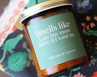 Sage & Cypress Candle For Quilting and Sewing • 9 oz or 4 oz Amber Glass Jar • Funny Sewing and Quilting Gift Idea