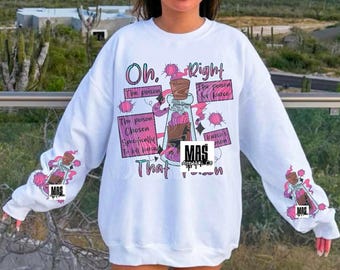 May include: White sweatshirt with a graphic design featuring a potion bottle with the text "Oh, Right, The poison, Chosen, Specifically, To All Luzco, That poison". The sleeves have a potion bottle design.
