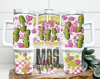 May include: White tumbler with a pink and green checkered pattern. The tumbler has a pink heart design with a pickle graphic and the text "Pickle Lover Don't Me Pickle" and "Call Me Pickle Mas Apparel Co."