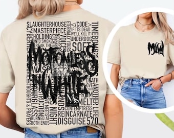 Camiseta Motionless, título da música, camiseta do show