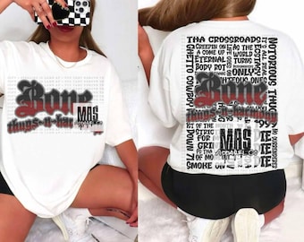 May include: White t-shirt with a black and red graphic print of the word "Bone" and the text "Things-n-Harmony" on the front. The back of the shirt has a black and red graphic print of the word "Bone" and a column of text that includes "Ghetto Cowboy", "Notorious Thugs", "Tha Crossroads", "Creepin One", "A Come Up World", "Eternal Turns", "Body Rot", "Only", "Hteous Ones", "1st of the Month", "Stric", "For", "Gri", "Fo Tha", "Mod", "Smoke On", "No Surrenderer", and "999".
