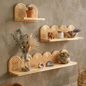 Op de afbeelding: Drie lichtgekleurde houten wandplanken met gebogen, geribbelde achterpanelen. De bovenste plank bevat een kleine terracotta pot. De middelste plank bevat een gesneden houten olifant, een glazen kaarsenpot en een kom. De onderste plank bevat een glazen vaas met droogbloemen, twee geodehelften en een keramische pot.