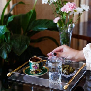 Clear Acrylic Coffee Tray - Brass Accented Plexiglass Serving Tray - Modern Lucite Decor for Home, Coffee Table,