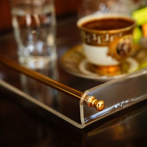 Clear Acrylic Coffee Tray - Brass Accented Plexiglass Serving Tray - Modern Lucite Decor for Home, Coffee Table,