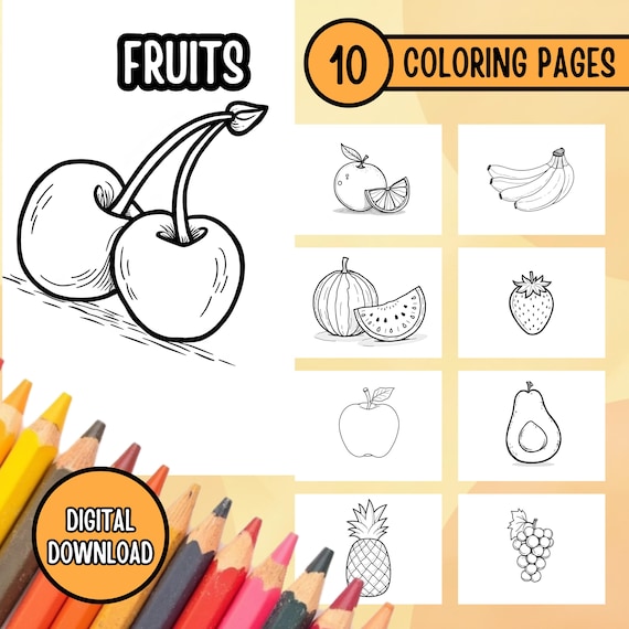 Educational Fruit Coloring Book for Kids, Fun Creative Activity, Printable Coloring Pages for Toddlers and Preschoolers