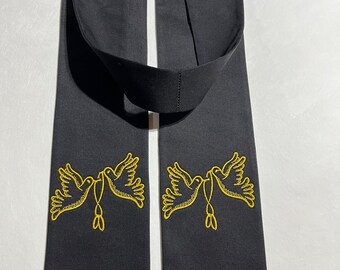 Pre-made 80&quot; Wedding Officiant Vestment READY to ship, Black with Gold Love Birds Clergy Stole
