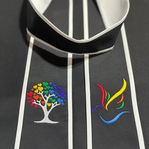Black & White Portable Clergy Stole with Narrow Border Rainbow Tree and Dove
