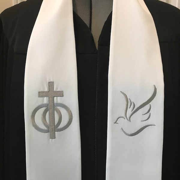 Wedding Officiant Clergy Stole with Cross, Rings and Dove, Non-denominational Wedding