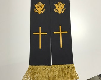 WWII Replica Clergy Stole with traditional cross in Black and Gold with Gold fringe