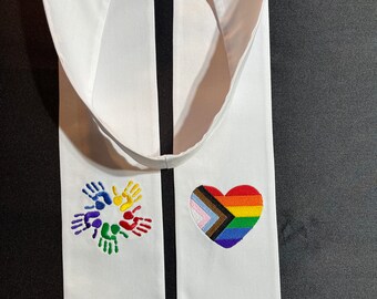 Premade and Ready to Ship! 60&quot; Officiant Clergy Stole with Rainbow Designs, Officiant Gifts