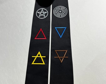 Clergy Stole with Earth, Water, Air and Fire, Hecate's Wheel and Pentacle Symbols