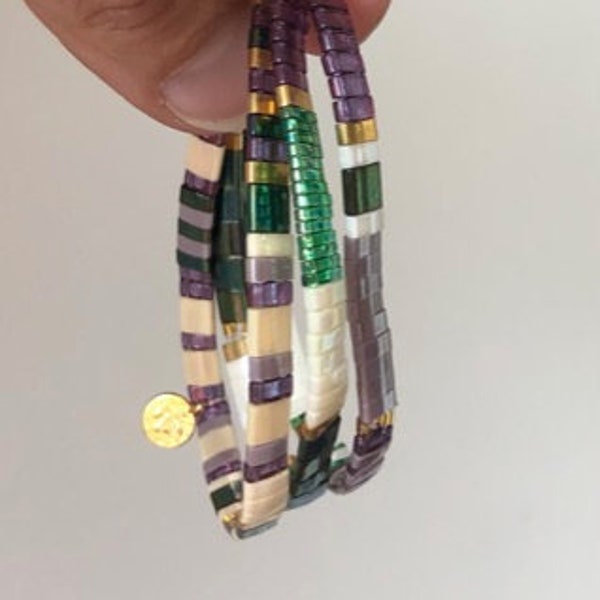 Bracelets en perles de verre plates Miyuki "Mauve, vert, ivoire et pointe d'or"