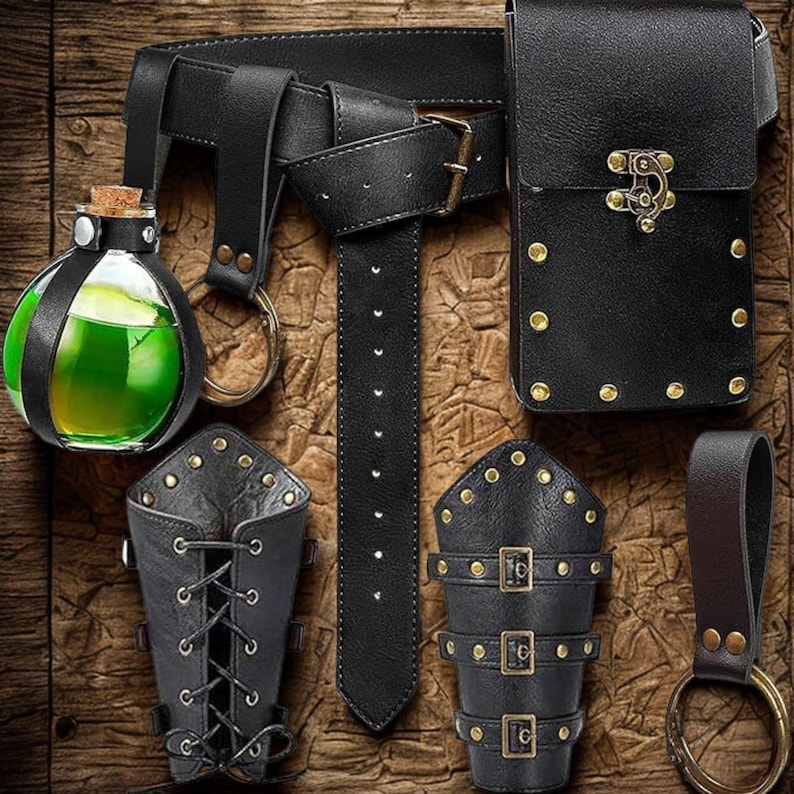 Viking Leather Bracers Renaissance Accessories, Handmade Medieval Belt Pouch Set for Halloween Cosplay Fanny Pack Waist Bag image 1