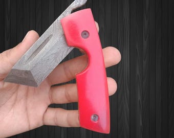 Cortador de puros plegable hecho a mano en color rojo: navaja de bolsillo de Damasco, incluye afilador de cuchillas y funda de cuero