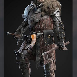 Peut inclure: Un guerrier en armure compl&egrave;te, portant une cape doubl&eacute;e de fourrure, tient une &eacute;p&eacute;e et une hache. L'armure est en m&eacute;tal et en cuir, et le guerrier a une corne &agrave; boire &agrave; cornes attach&eacute;e &agrave; sa ceinture.