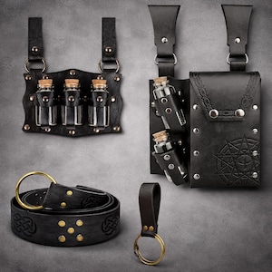 May include: A set of black leather accessories, featuring a belt with a gold buckle, a keyring, and holders for small glass bottles with cork stoppers. The accessories are designed with metal studs and Celtic knot patterns.