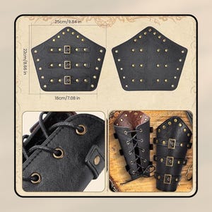 Peut inclure: Un ensemble de trois prot&egrave;ge-bras en cuir noir avec des accents m&eacute;talliques. Les prot&egrave;ge-bras sont d&eacute;cor&eacute;s de clous et de boucles. Les prot&egrave;ge-bras mesurent 25 cm de large, 22 cm de haut et 18 cm de long.
