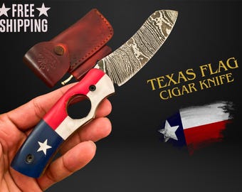 CORTADOR DE PUROS TEXAS Cuchillo plegable de Damasco Cuchillo para puros hecho a mano Accesorios para puros personalizados con cuchilla Afilador y estuche de cuero