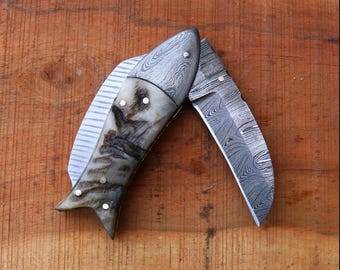 Custom Handmade Damascus Folding Fish Style Pocket Knife, Every Day Carry Knife , Best Gifts, Camping Gift for Boyfriend