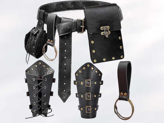 Viking Costume Set Leather Bracers Belt Pouch for Men & Women | Cosplay, LARP Gear