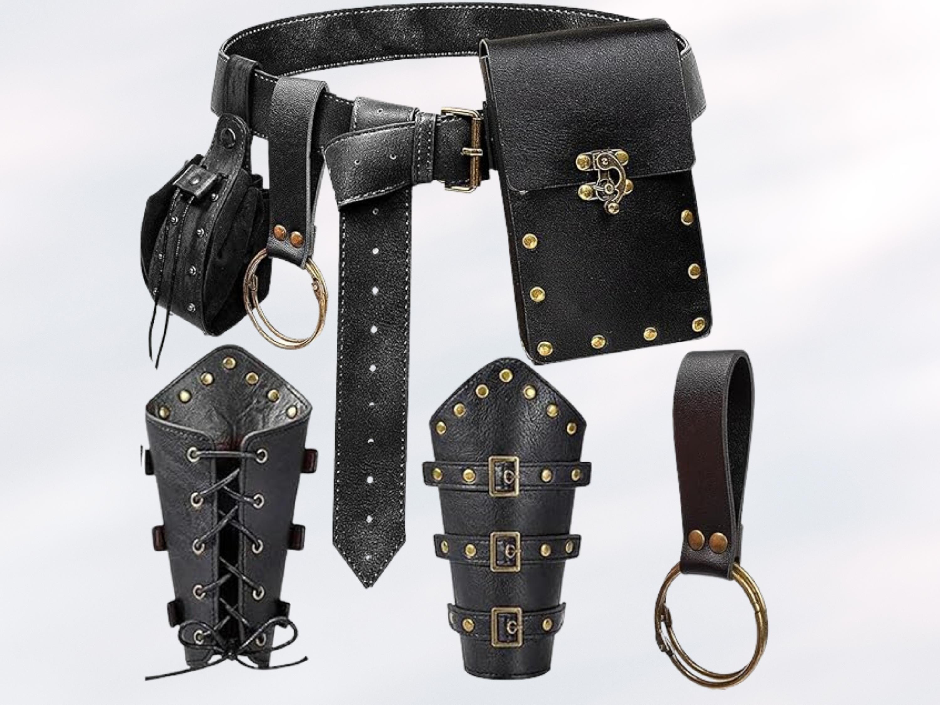 Viking Leather Bracers Belt Pouch Set – Renaissance Accessories for Men & Women | Halloween Cosplay, LARP Gear, Fantasy Waist Bag