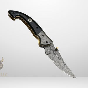 Personalized Handmade Damascus Steel Folding Pocket Knife - Beautiful Camel Bone Handle with Damascus Steel Bolsters (Black Bone)