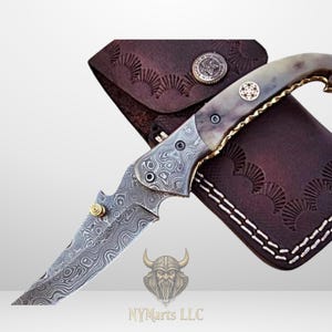 Personalized Handmade Damascus Steel Folding Pocket Knife - Beautiful Camel Bone Handle with Damascus Steel Bolsters (Colored Bone)