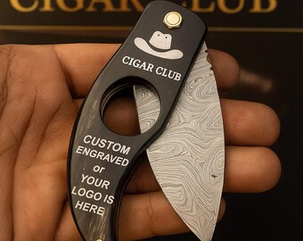 Personalized Handmade Damascus Steel Cigar Cutter-Unique and Luxurious Gift for Cigar Lovers Vintage Sharp Blade Buffalo Horn Handle