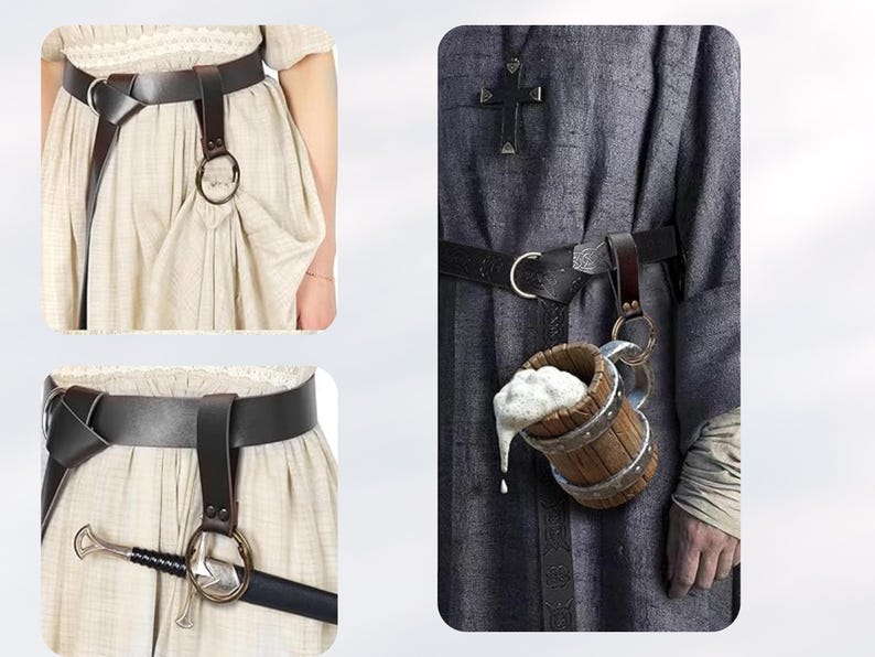 Peut inclure: Deux ceintures en cuir avec des boucles et des anneaux en m&eacute;tal. Une ceinture a une &eacute;p&eacute;e attach&eacute;e &agrave; l'anneau. L'autre ceinture a une chope en bois attach&eacute;e &agrave; l'anneau.
