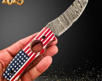 Cortador de puros con bandera estadounidense - Cuchillo para puros de Damasco hecho a mano Cuchillo plegable Cortador de guillotina con afilador de cuchillas y funda de cuero
