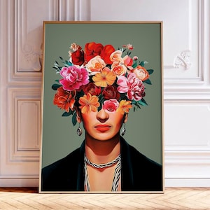 Flower Head Woman Collage Wall Art Print - Surreal Portrait Of Girl with Vintage Flowers, Girl Wall Art Print, Maximalist Wall Art