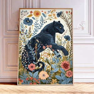 Boho Black Panther Floral Wall Art Print – Jungle Animal Decor, Digital download