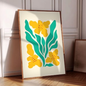 Large Flower Abstract Wall Art - Vibrant Floral Print for Modern Home Decor, Mid Century Modern Beige and green Art